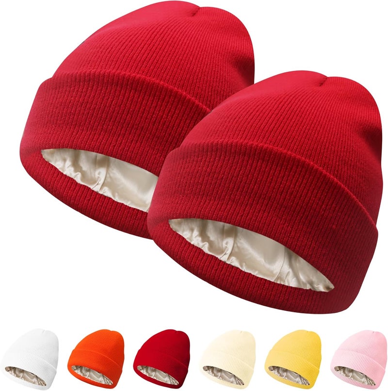 PFFY 2 Packs Womens Satin Lined Beanie Hat Silk Lining Winter Hats Beanies for Women Soft Slouchy Beanie Skull Cap - Image 1